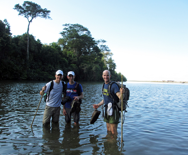 James Wehn (right) rossing the Claro River near the Sirena Ranger Station with Joseph Alfano (center) and Dmytro Koshevy (left). Not shown: crocodile in water 50 meters away.